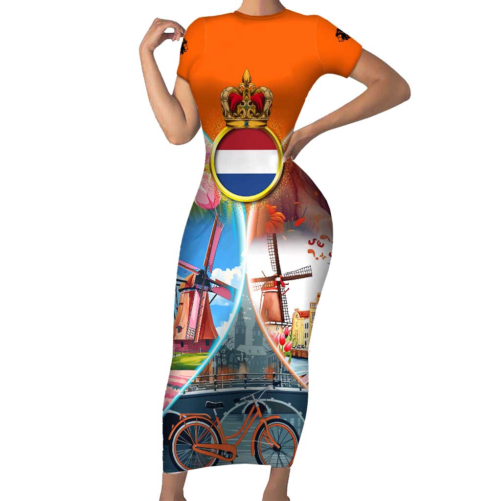 Dutch Lion Design Short Sleeve Bodycon Dress with Tulips Windmills Bicycles and Coat of Arms