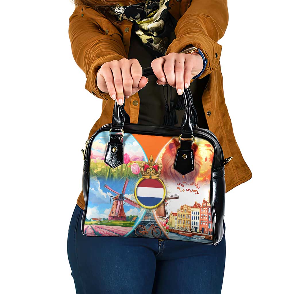 Dutch Lion Design Shoulder Handbag with Tulips Windmills Bicycles and Coat of Arms