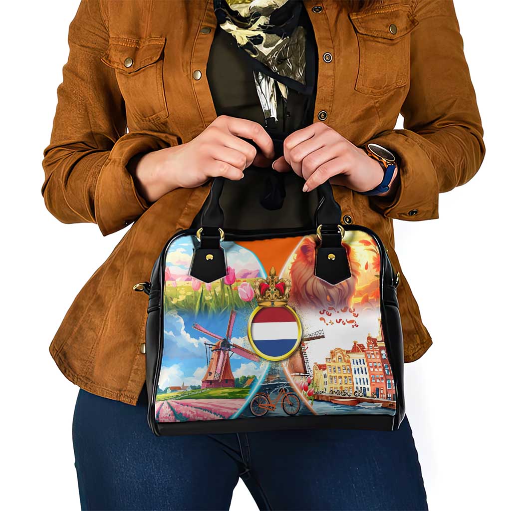 Dutch Lion Design Shoulder Handbag with Tulips Windmills Bicycles and Coat of Arms