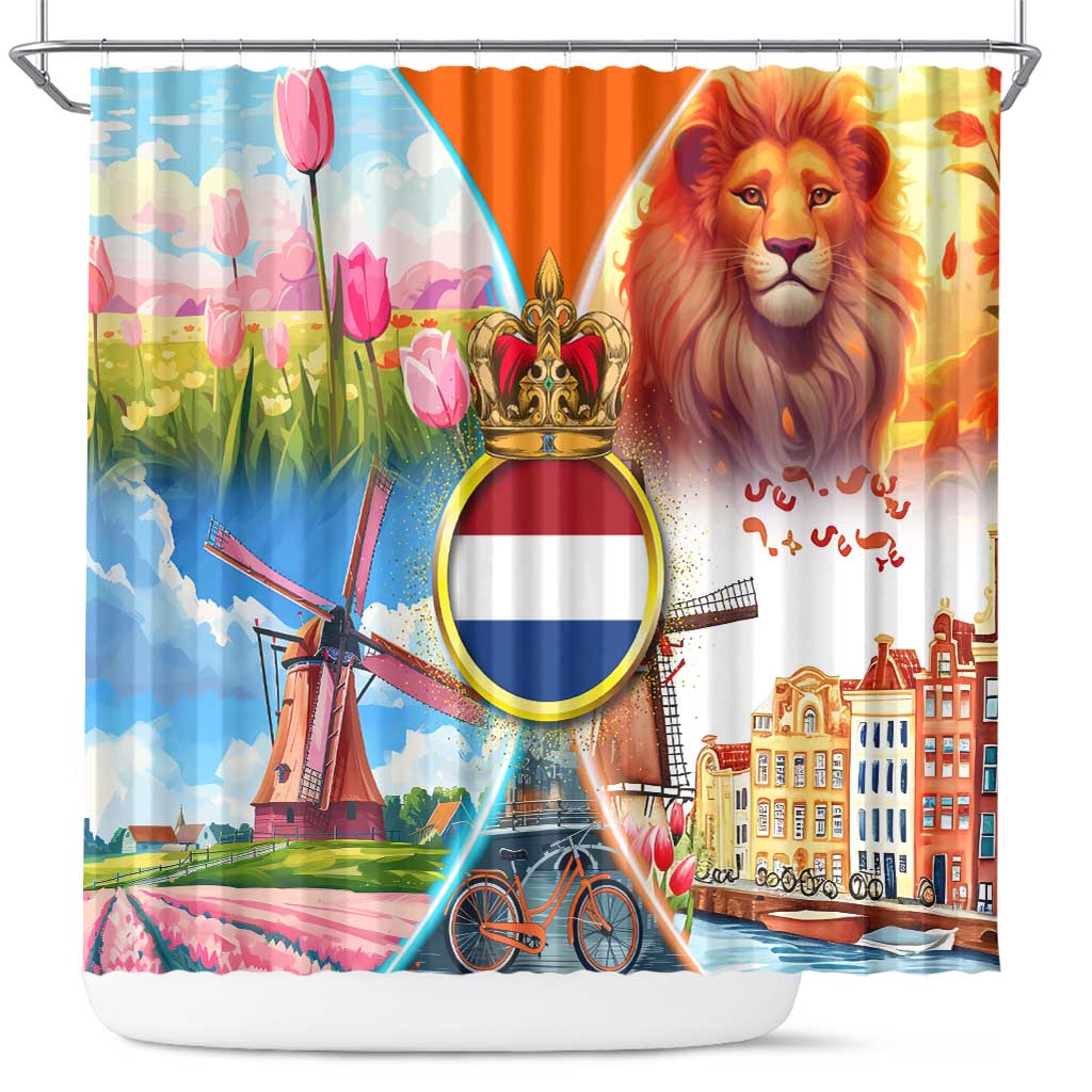 Dutch Lion Design Shower Curtain with Tulips Windmills Bicycles and Coat of Arms