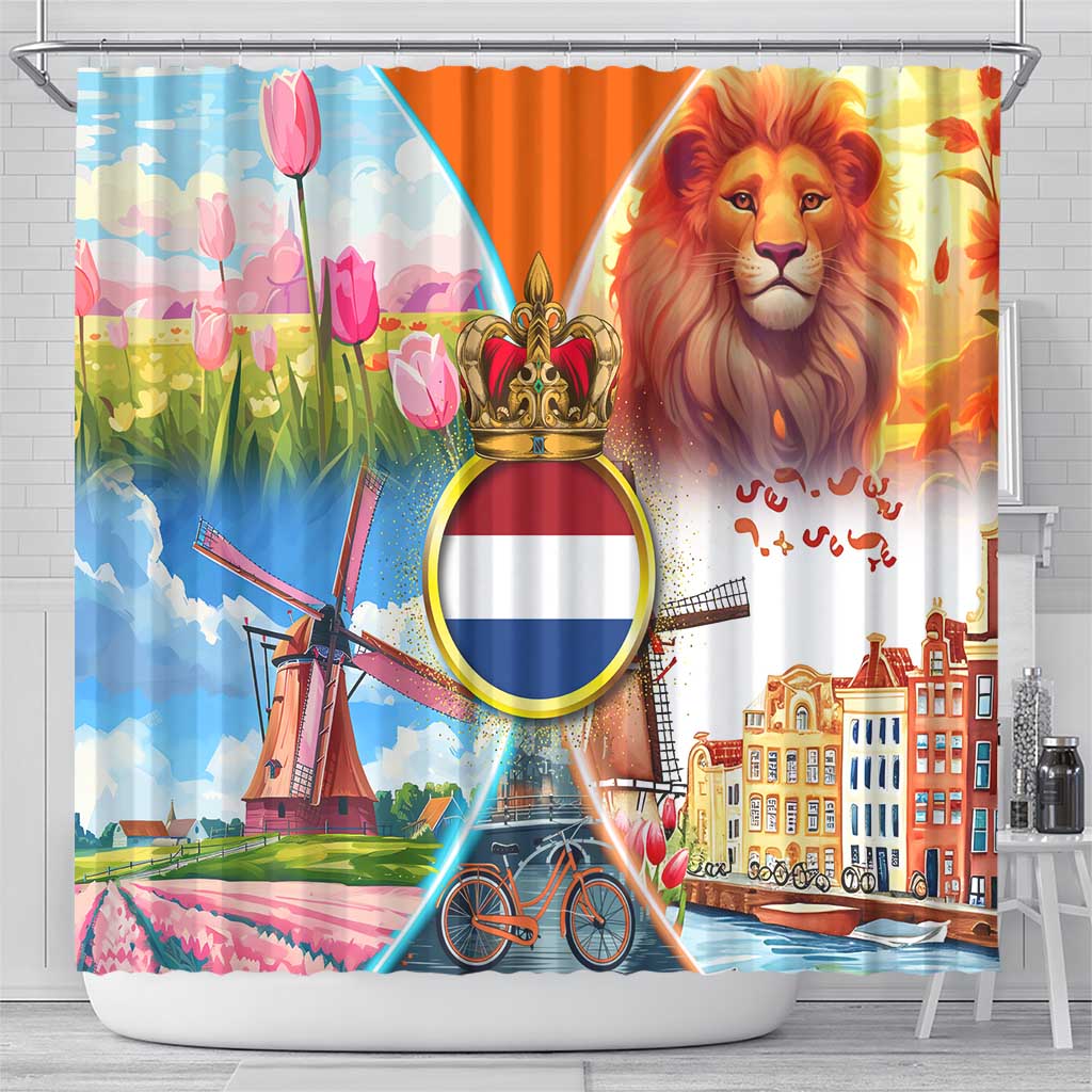 Dutch Lion Design Shower Curtain with Tulips Windmills Bicycles and Coat of Arms