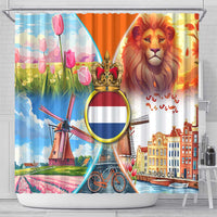 Dutch Lion Design Shower Curtain with Tulips Windmills Bicycles and Coat of Arms