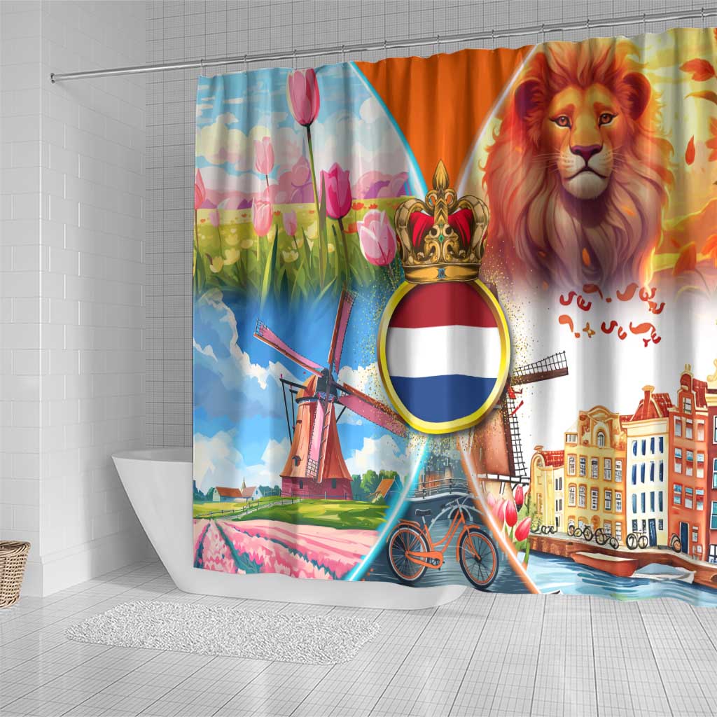 Dutch Lion Design Shower Curtain with Tulips Windmills Bicycles and Coat of Arms