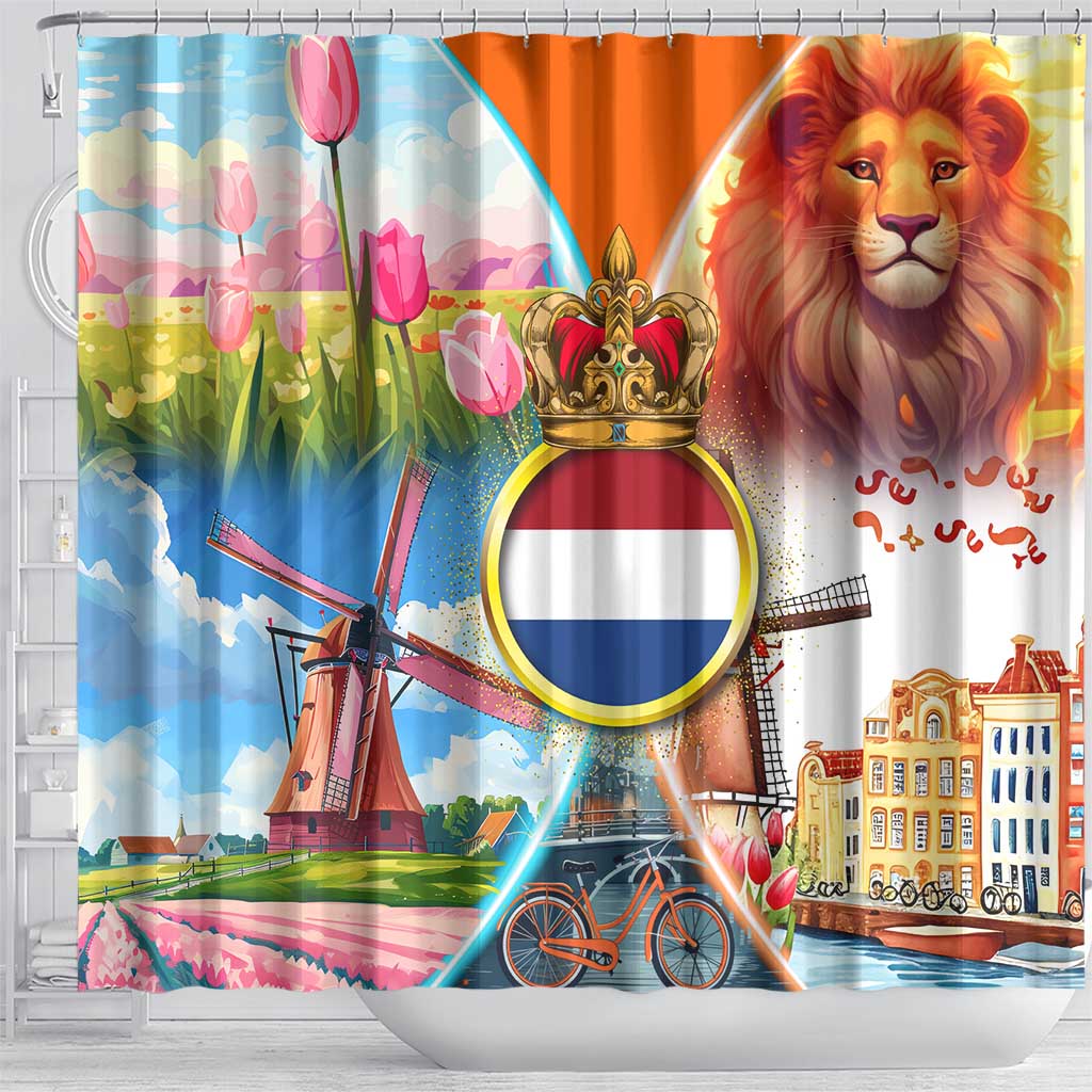 Dutch Lion Design Shower Curtain with Tulips Windmills Bicycles and Coat of Arms