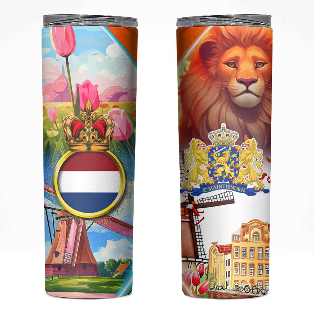 Dutch Lion Design Skinny Tumbler with Tulips Windmills Bicycles and Coat of Arms