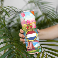 Dutch Lion Design Skinny Tumbler with Tulips Windmills Bicycles and Coat of Arms