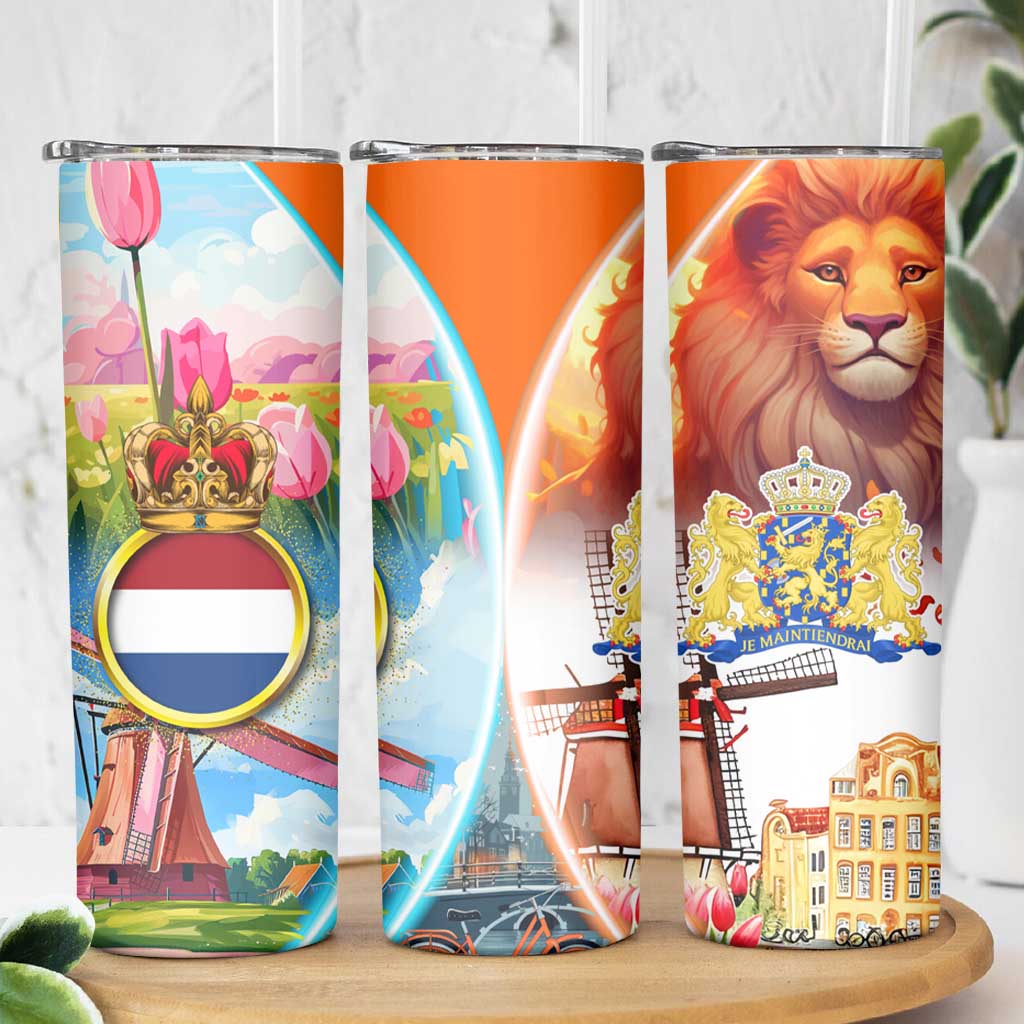 Dutch Lion Design Skinny Tumbler with Tulips Windmills Bicycles and Coat of Arms