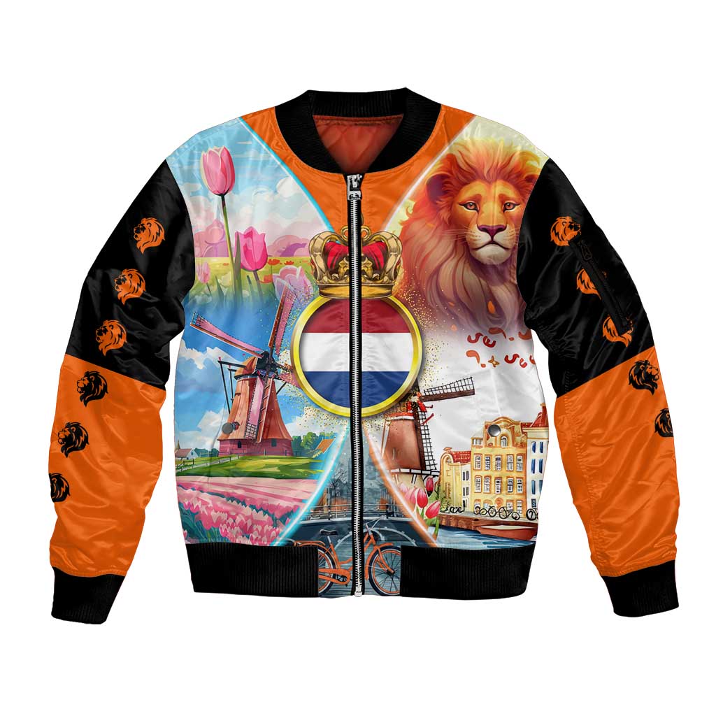 Dutch Lion Design Sleeve Zip Bomber Jacket with Tulips Windmills Bicycles and Coat of Arms
