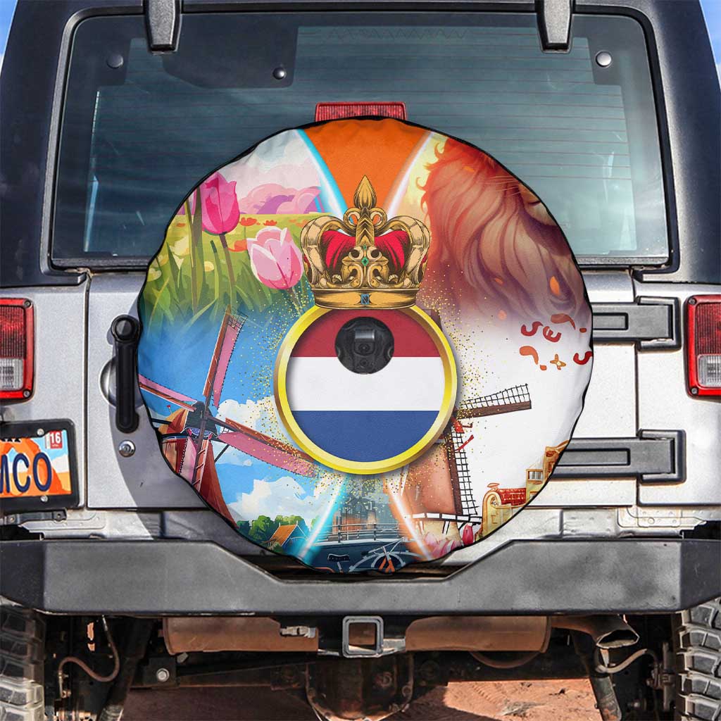 Dutch Lion Design Spare Tire Cover with Tulips Windmills Bicycles and Coat of Arms