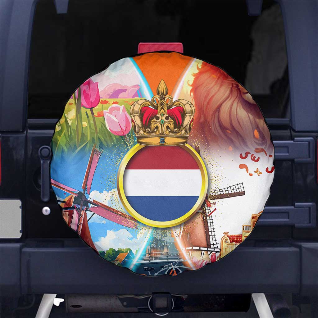 Dutch Lion Design Spare Tire Cover with Tulips Windmills Bicycles and Coat of Arms