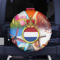 Dutch Lion Design Spare Tire Cover with Tulips Windmills Bicycles and Coat of Arms