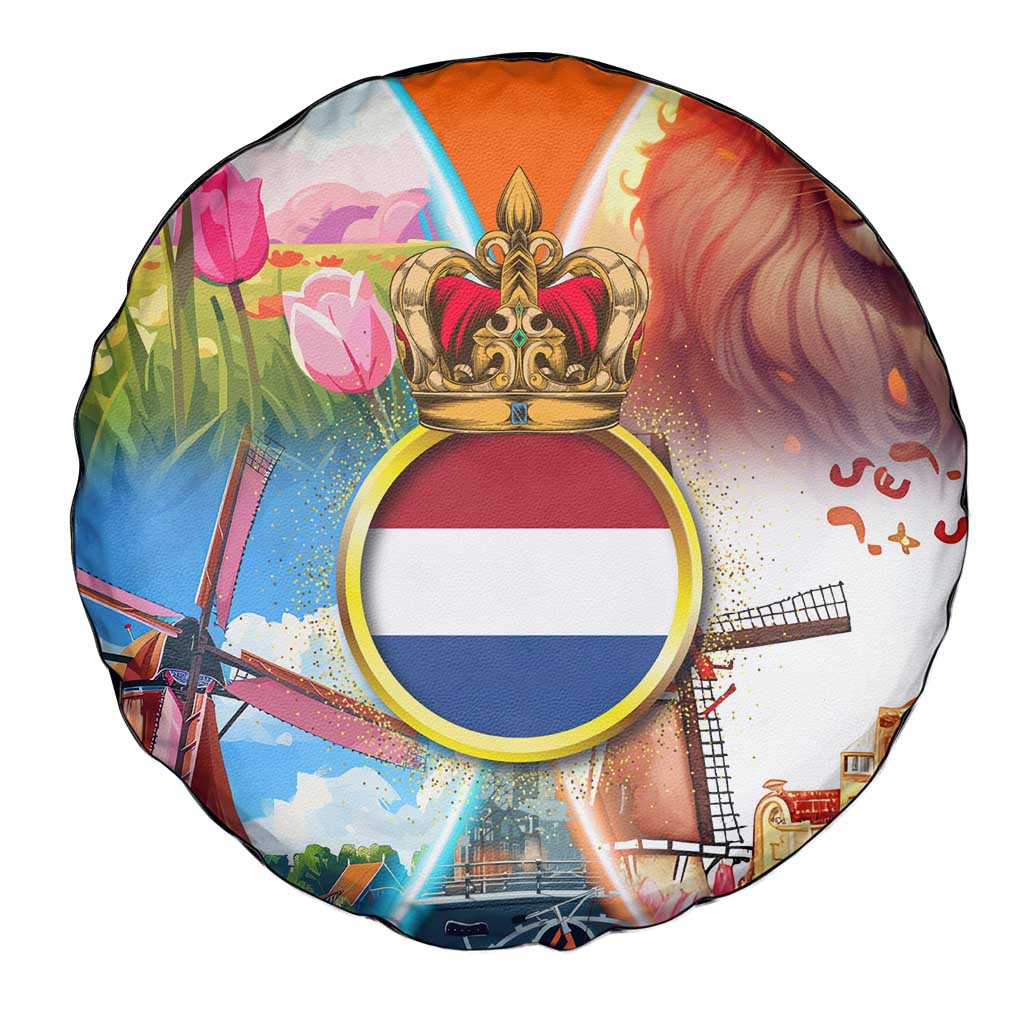 Dutch Lion Design Spare Tire Cover with Tulips Windmills Bicycles and Coat of Arms