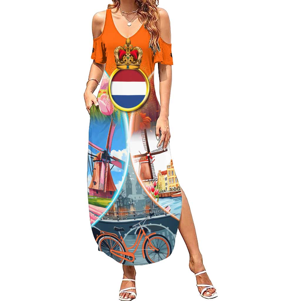 Dutch Lion Design Summer Maxi Dress with Tulips Windmills Bicycles and Coat of Arms