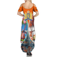 Dutch Lion Design Summer Maxi Dress with Tulips Windmills Bicycles and Coat of Arms