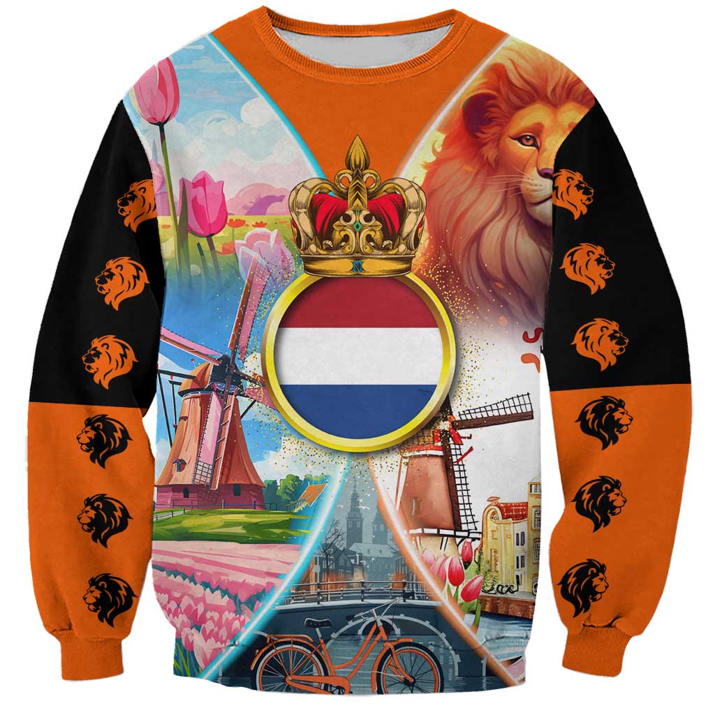 Dutch Lion Design Sweatshirt with Tulips Windmills Bicycles and Coat of Arms