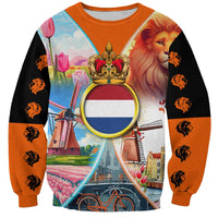 Dutch Lion Design Sweatshirt with Tulips Windmills Bicycles and Coat of Arms