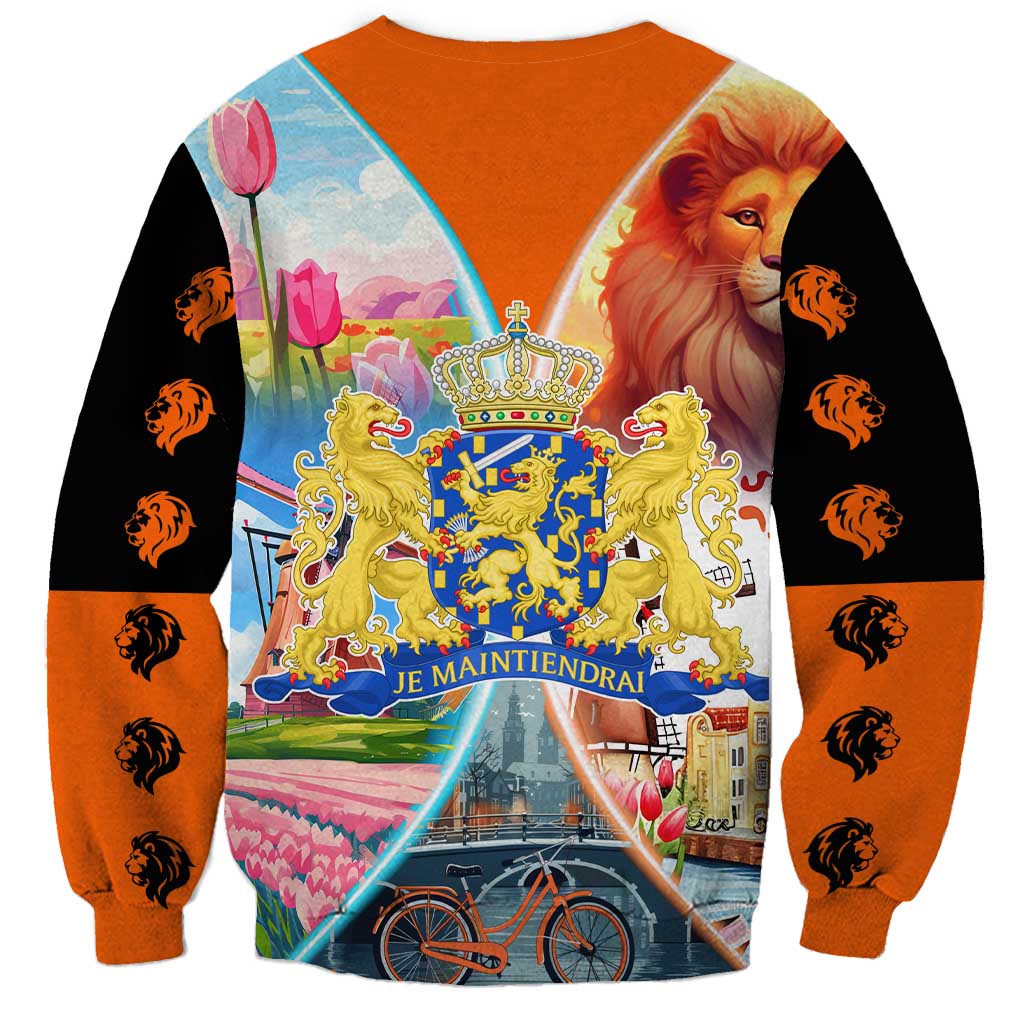 Dutch Lion Design Sweatshirt with Tulips Windmills Bicycles and Coat of Arms