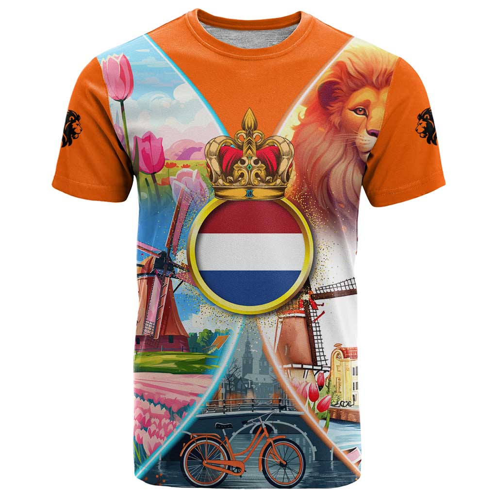 Dutch Lion Design T Shirt with Tulips Windmills Bicycles and Coat of Arms
