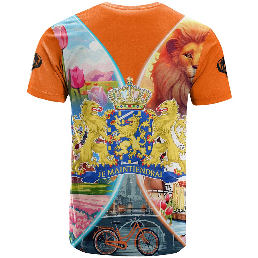 Dutch Lion Design T Shirt with Tulips Windmills Bicycles and Coat of Arms