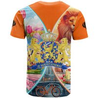 Dutch Lion Design T Shirt with Tulips Windmills Bicycles and Coat of Arms