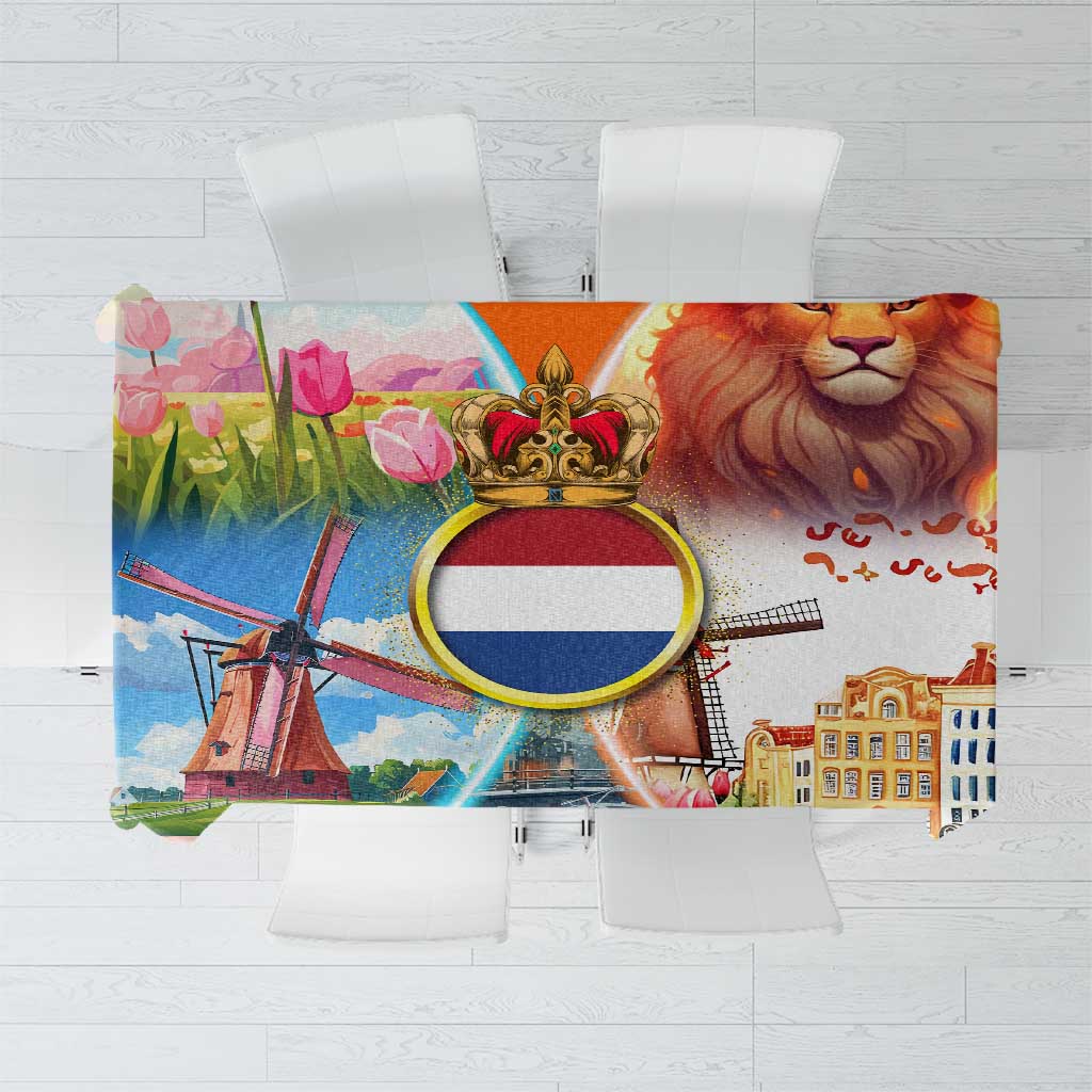 Dutch Lion Design Tablecloth with Tulips Windmills Bicycles and Coat of Arms