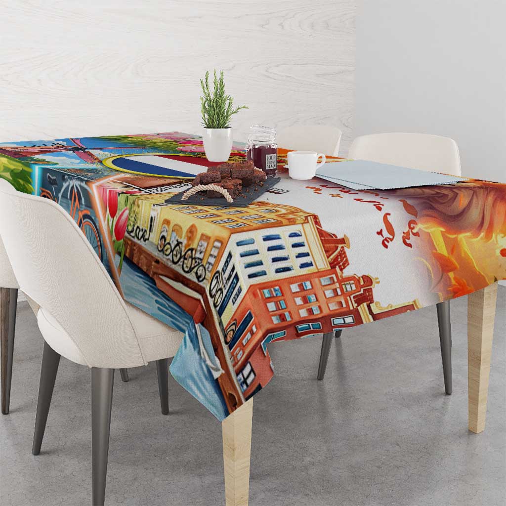 Dutch Lion Design Tablecloth with Tulips Windmills Bicycles and Coat of Arms