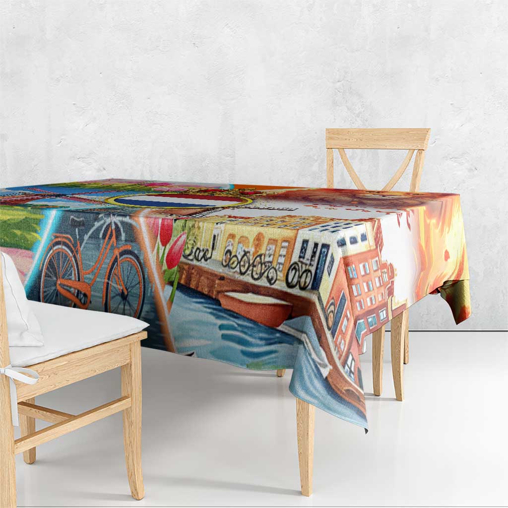 Dutch Lion Design Tablecloth with Tulips Windmills Bicycles and Coat of Arms