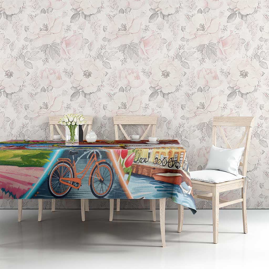Dutch Lion Design Tablecloth with Tulips Windmills Bicycles and Coat of Arms