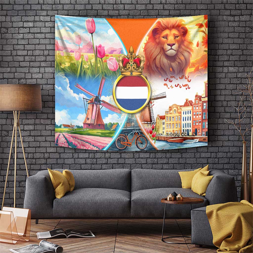Dutch Lion Design Tapestry with Tulips Windmills Bicycles and Coat of Arms