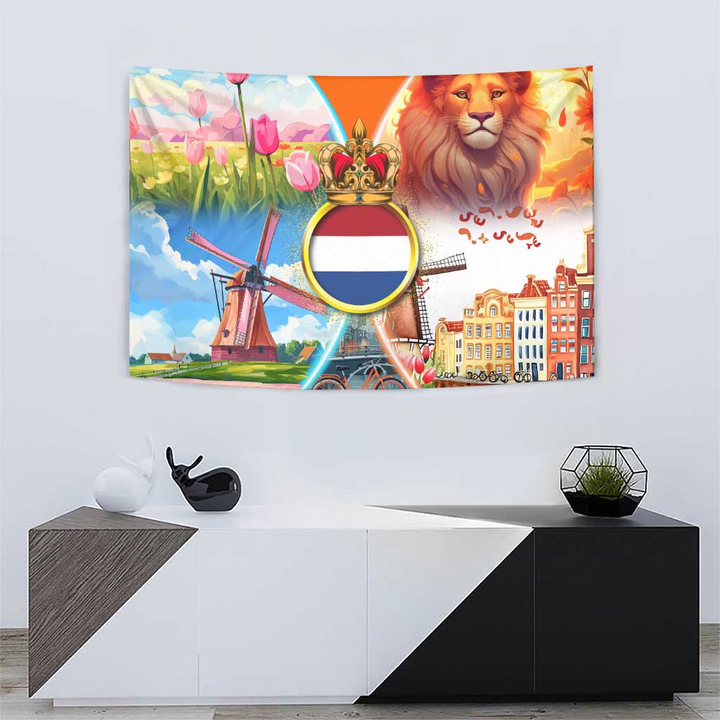 Dutch Lion Design Tapestry with Tulips Windmills Bicycles and Coat of Arms