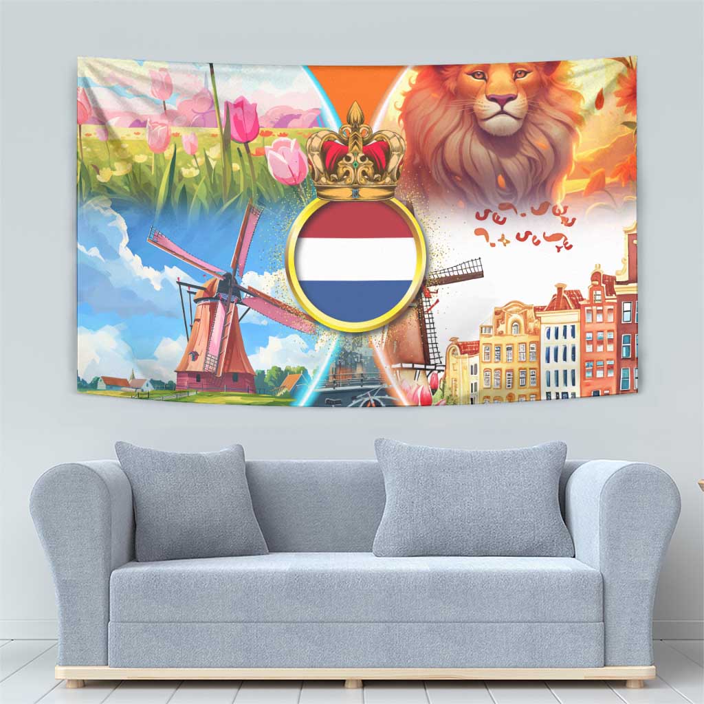 Dutch Lion Design Tapestry with Tulips Windmills Bicycles and Coat of Arms