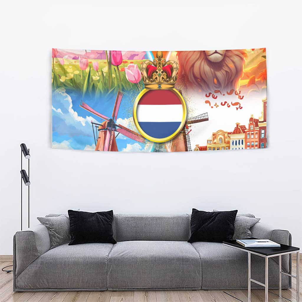 Dutch Lion Design Tapestry with Tulips Windmills Bicycles and Coat of Arms