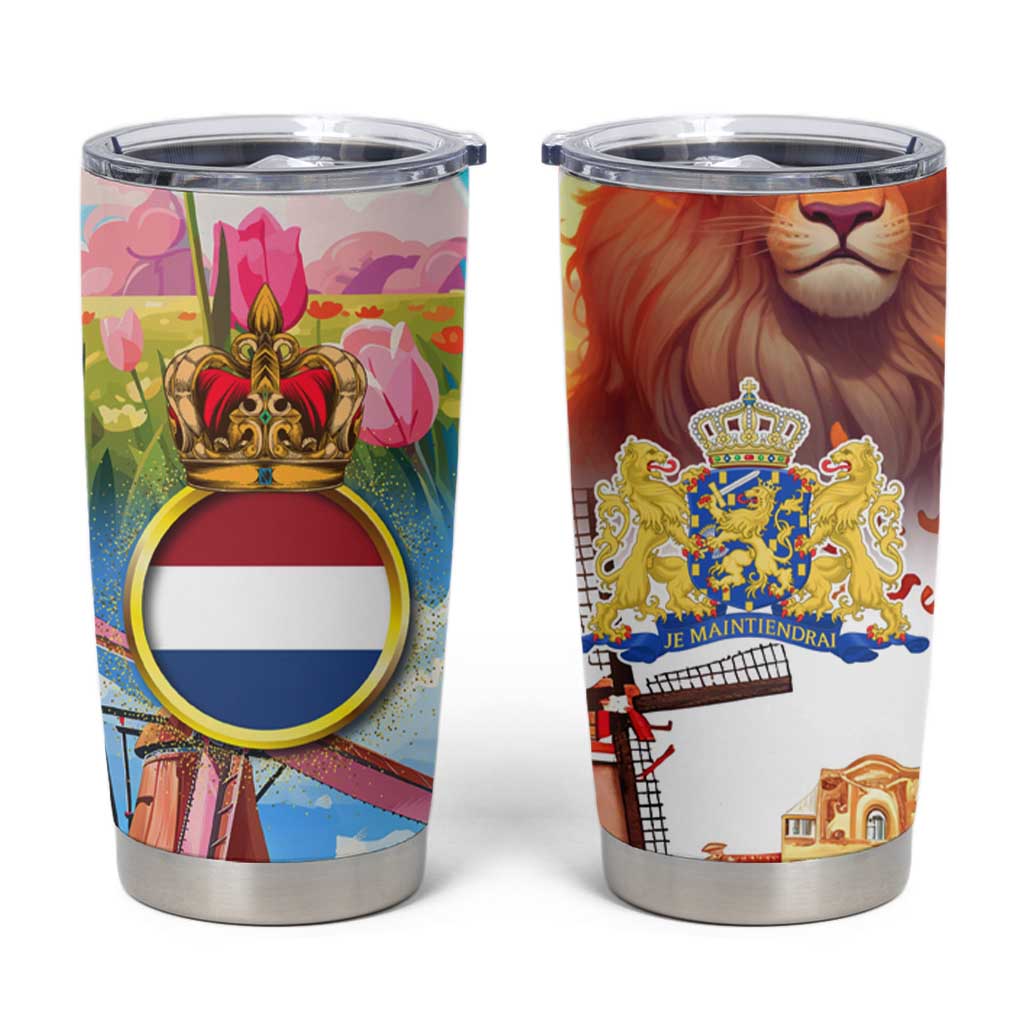 Dutch Lion Design Tumbler Cup with Tulips Windmills Bicycles and Coat of Arms