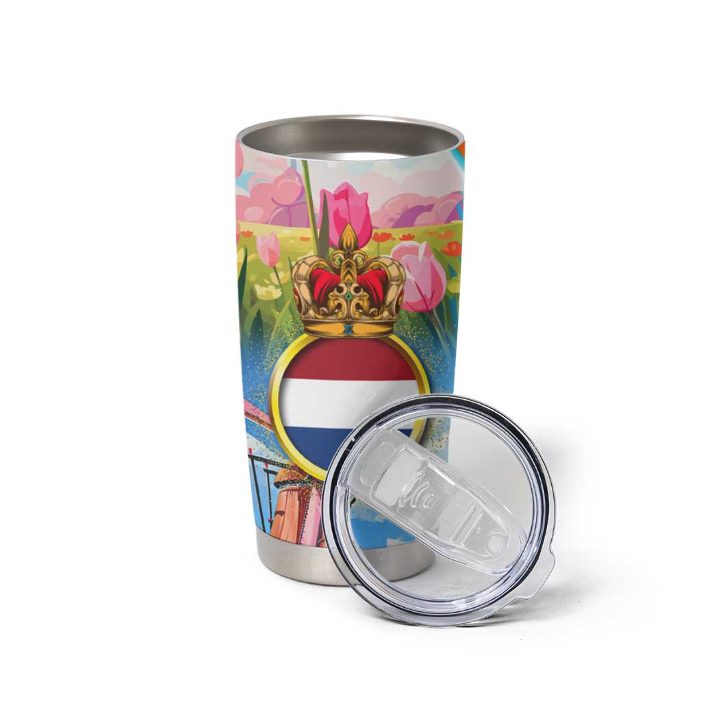 Dutch Lion Design Tumbler Cup with Tulips Windmills Bicycles and Coat of Arms