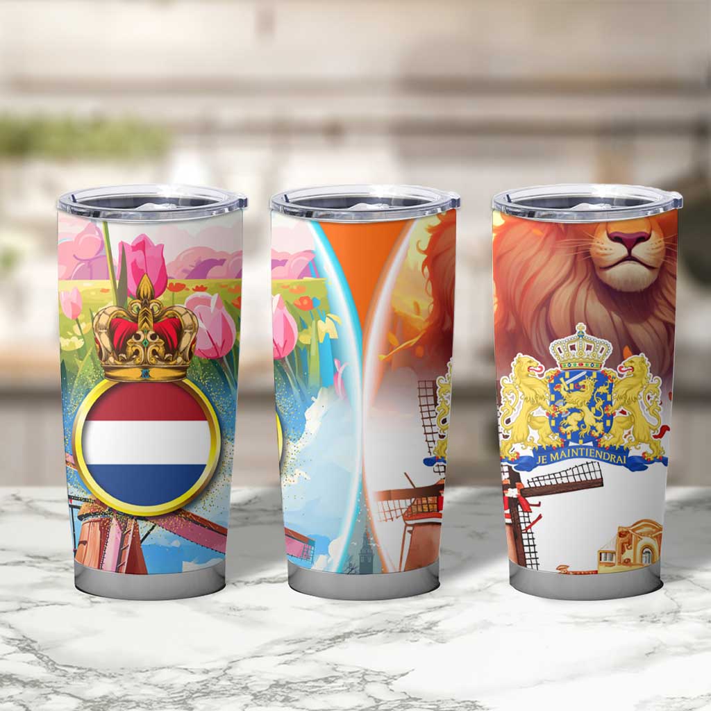 Dutch Lion Design Tumbler Cup with Tulips Windmills Bicycles and Coat of Arms