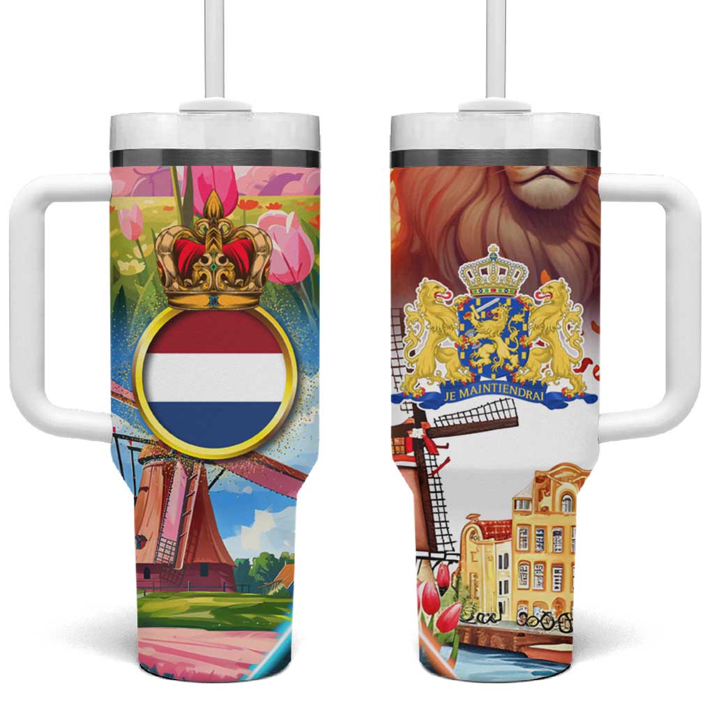 Dutch Lion Design Tumbler With Handle with Tulips Windmills Bicycles and Coat of Arms