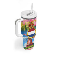 Dutch Lion Design Tumbler With Handle with Tulips Windmills Bicycles and Coat of Arms
