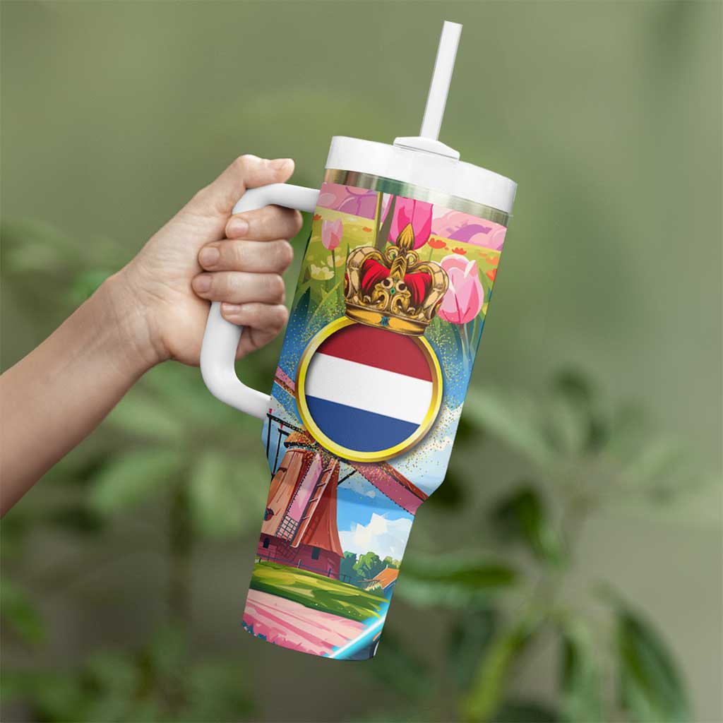 Dutch Lion Design Tumbler With Handle with Tulips Windmills Bicycles and Coat of Arms