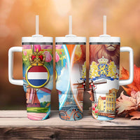 Dutch Lion Design Tumbler With Handle with Tulips Windmills Bicycles and Coat of Arms