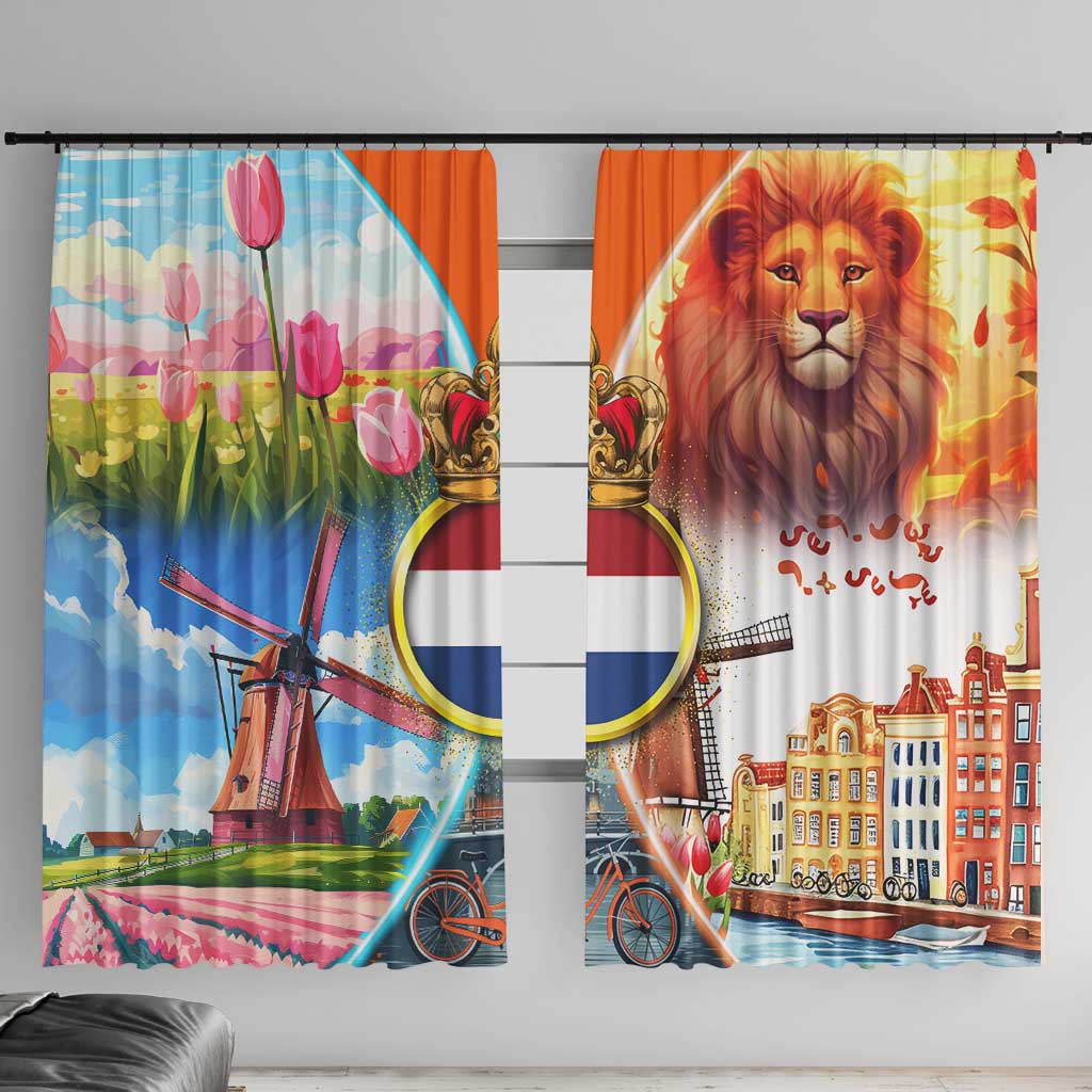 Dutch Lion Design Window Curtain with Tulips Windmills Bicycles and Coat of Arms