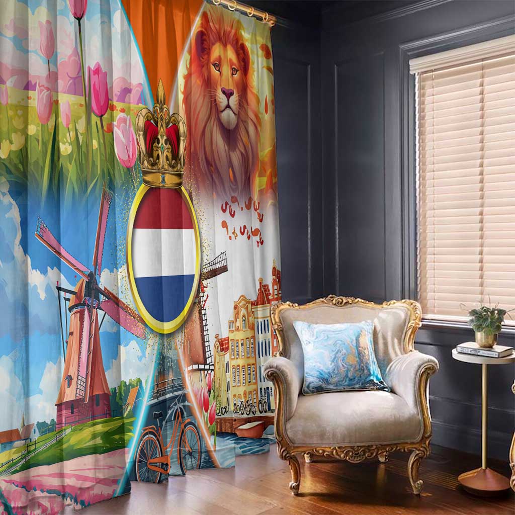 Dutch Lion Design Window Curtain with Tulips Windmills Bicycles and Coat of Arms