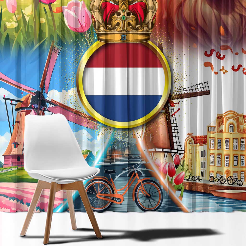 Dutch Lion Design Window Curtain with Tulips Windmills Bicycles and Coat of Arms
