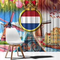 Dutch Lion Design Window Curtain with Tulips Windmills Bicycles and Coat of Arms