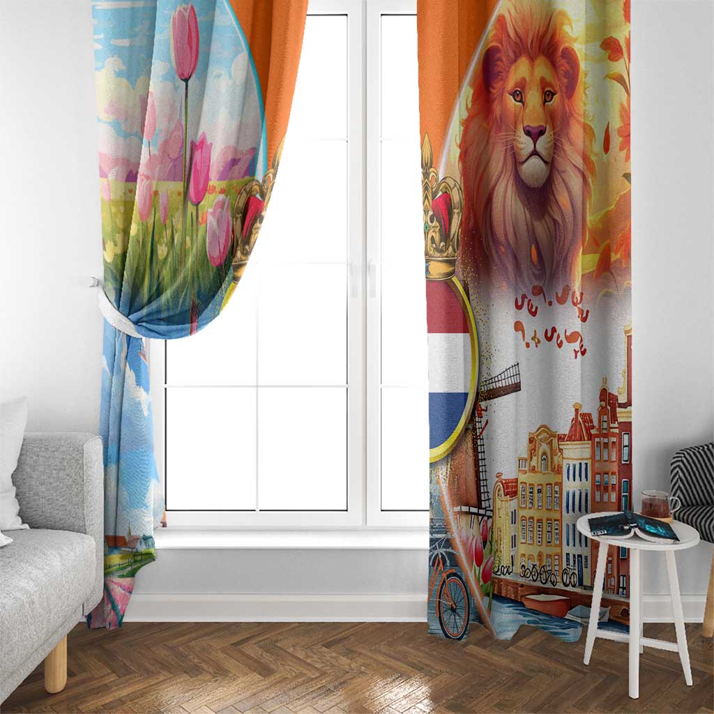 Dutch Lion Design Window Curtain with Tulips Windmills Bicycles and Coat of Arms