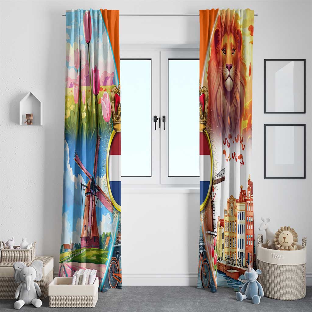 Dutch Lion Design Window Curtain with Tulips Windmills Bicycles and Coat of Arms