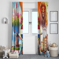 Dutch Lion Design Window Curtain with Tulips Windmills Bicycles and Coat of Arms