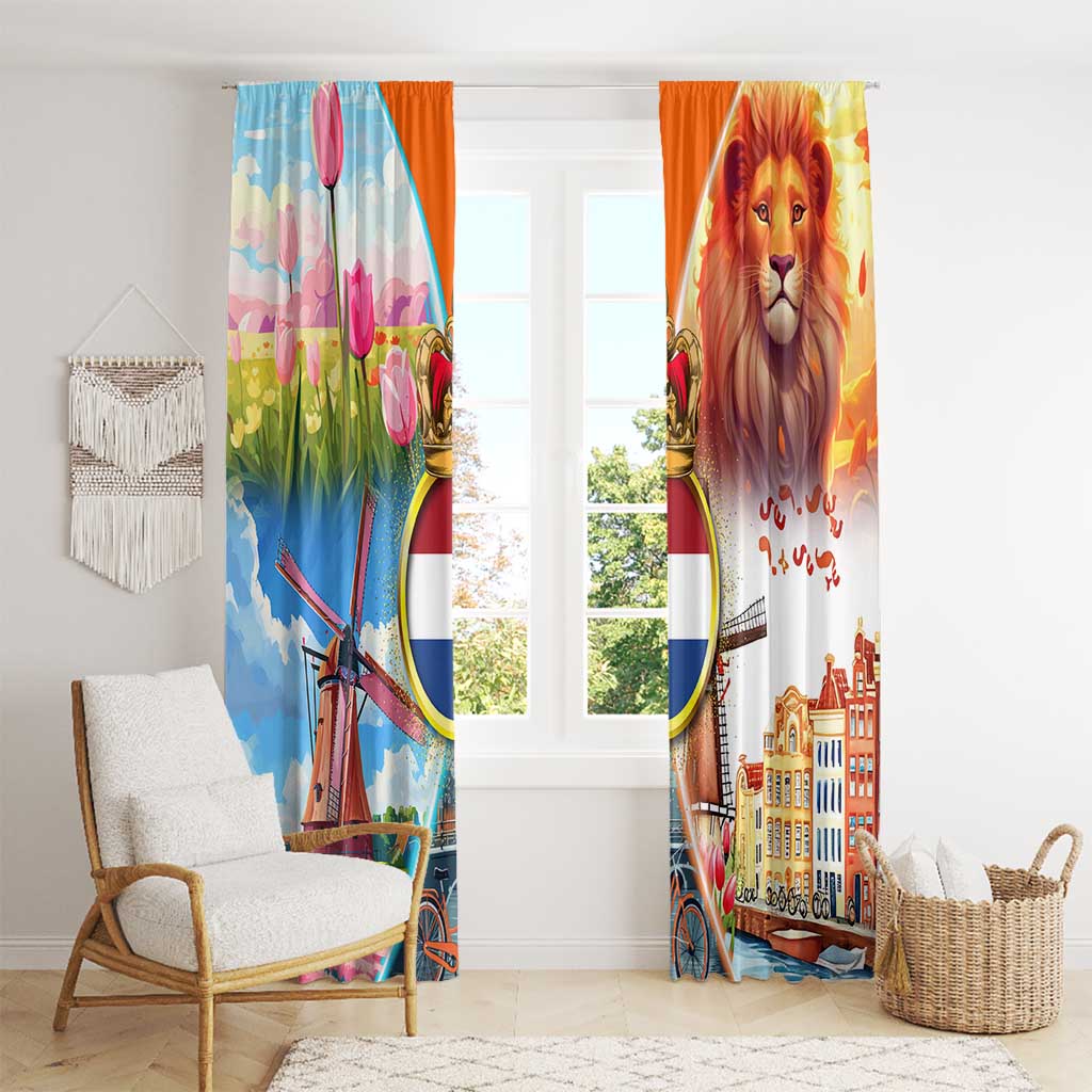 Dutch Lion Design Window Curtain with Tulips Windmills Bicycles and Coat of Arms