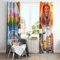 Dutch Lion Design Window Curtain with Tulips Windmills Bicycles and Coat of Arms