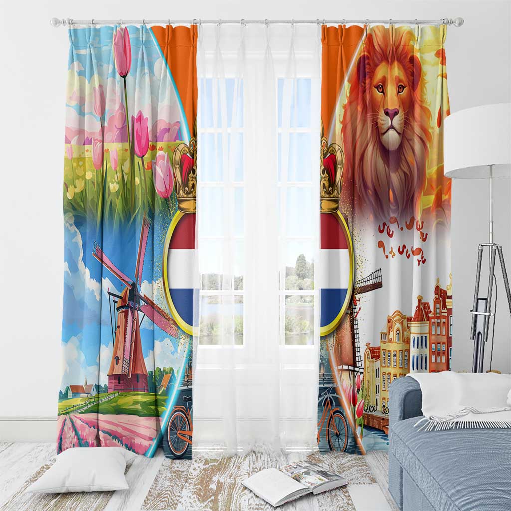 Dutch Lion Design Window Curtain with Tulips Windmills Bicycles and Coat of Arms