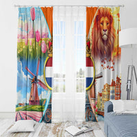 Dutch Lion Design Window Curtain with Tulips Windmills Bicycles and Coat of Arms